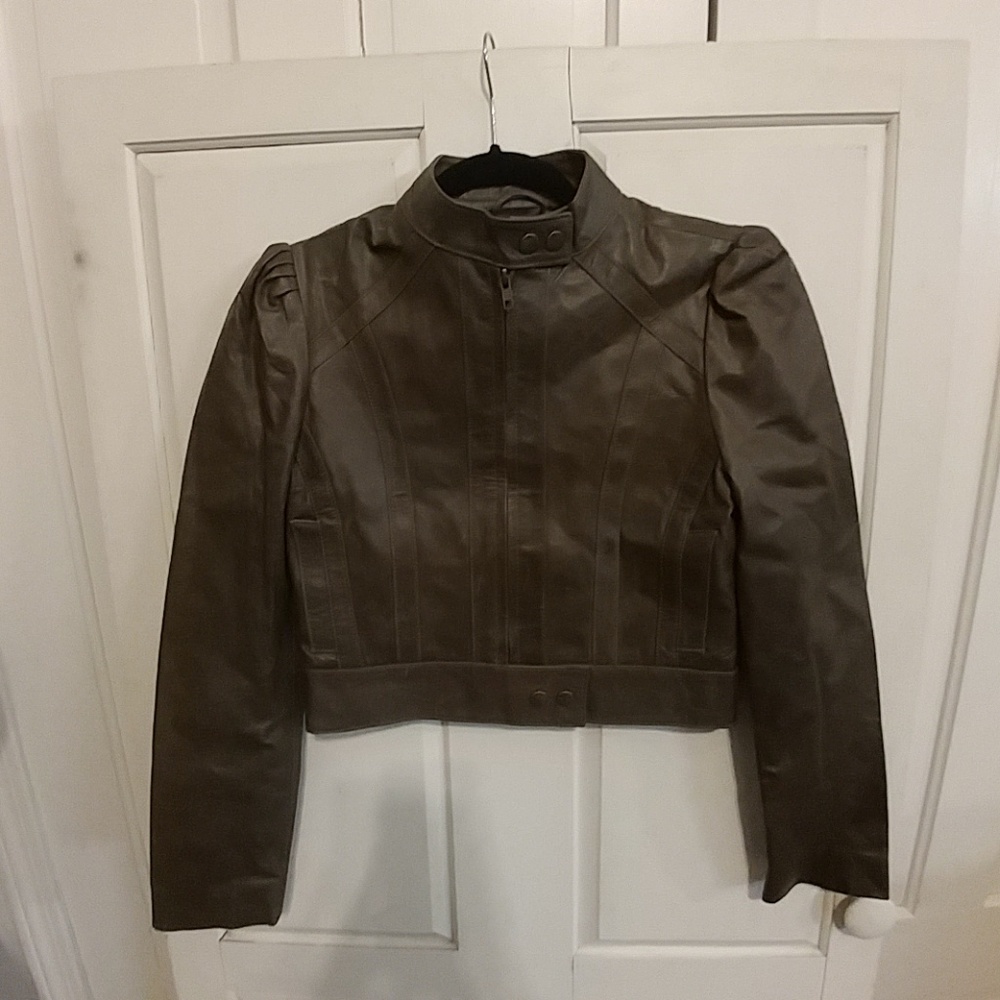 Arden B Cropped Leather moto Jacket Olive Green XS